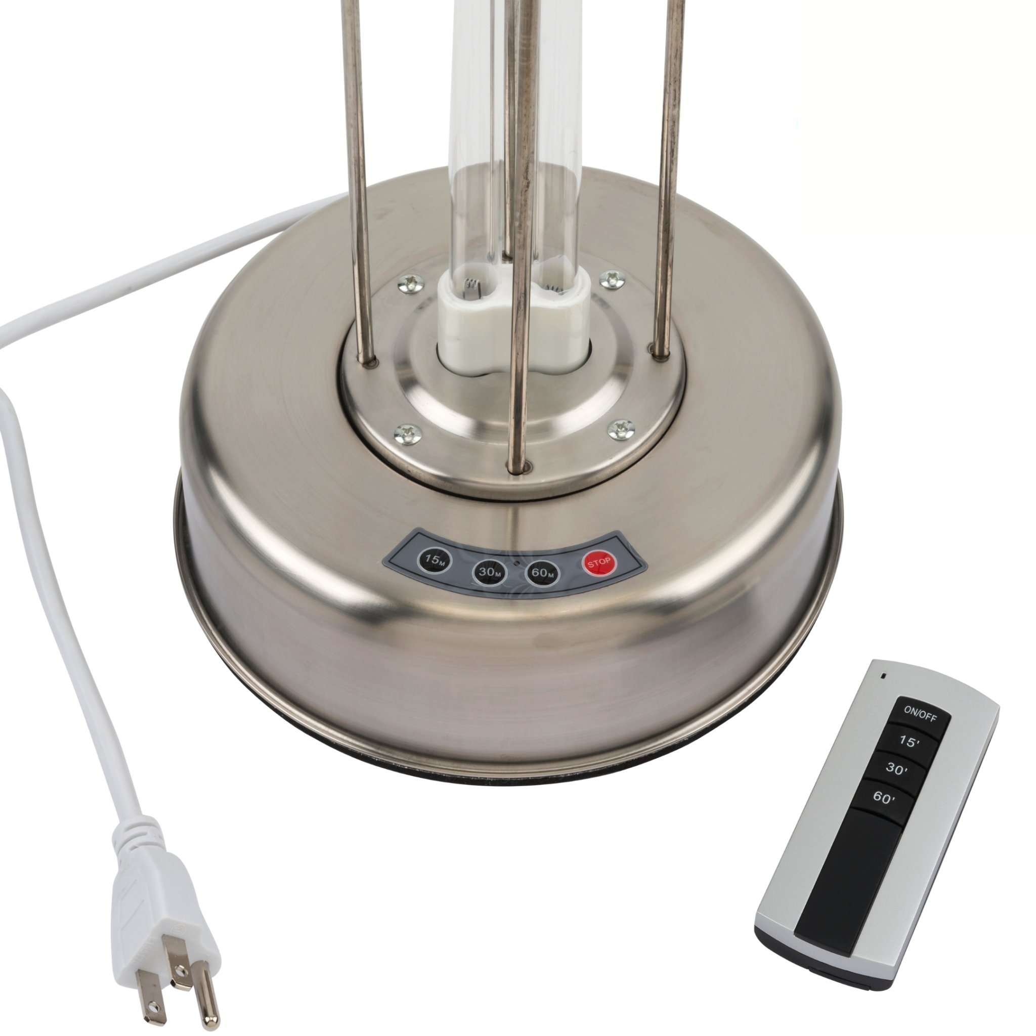 Stainless steel UV lamp with control panel and remote on a white background