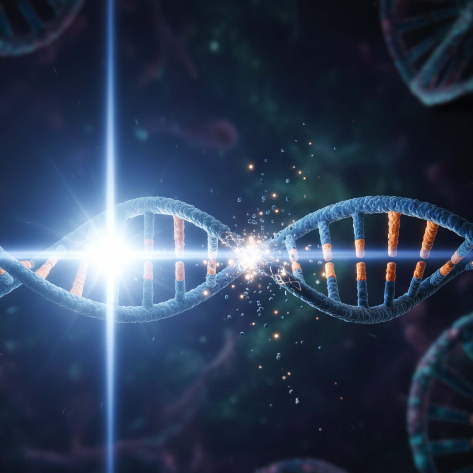 DNA double helix with a bright light effect on a dark background