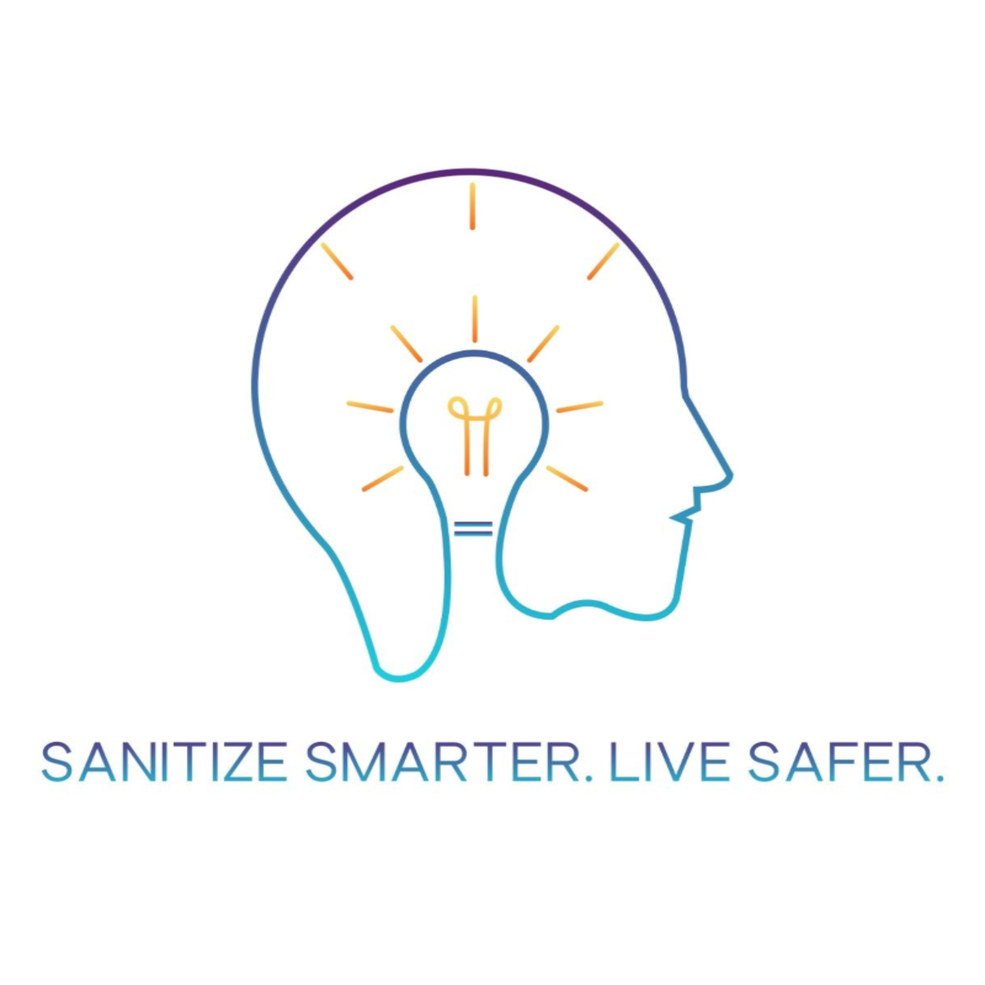 Company logo with a silhouette of a head and light bulb, accompanied by the text 'Sanitize Smarter. Live Safer.'