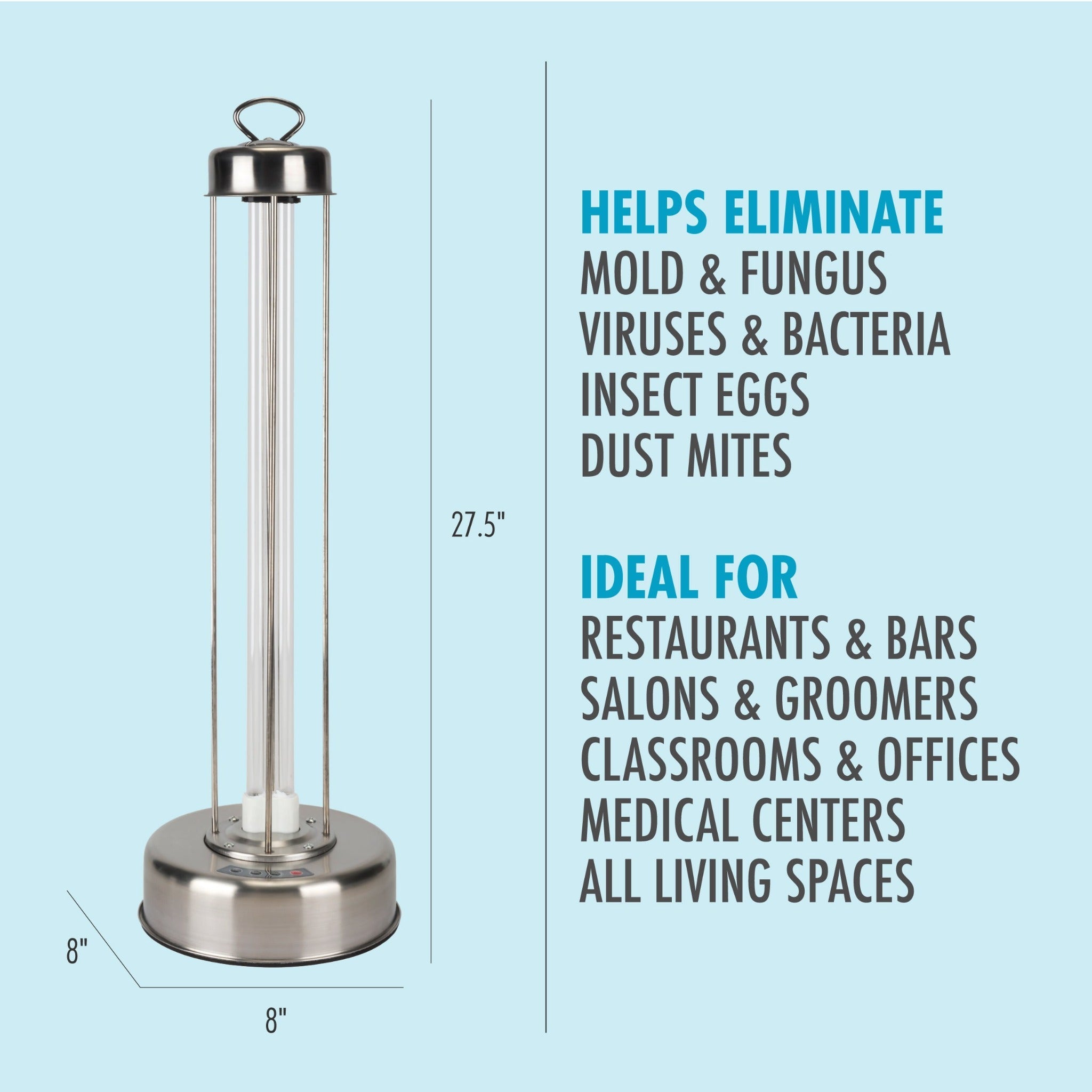Graphic showing how the UV Sanitizer Lamp is useful for eliminating pathogens in different environments